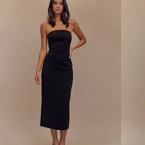 Meshki Strapless Black Button-Front Midi Dress